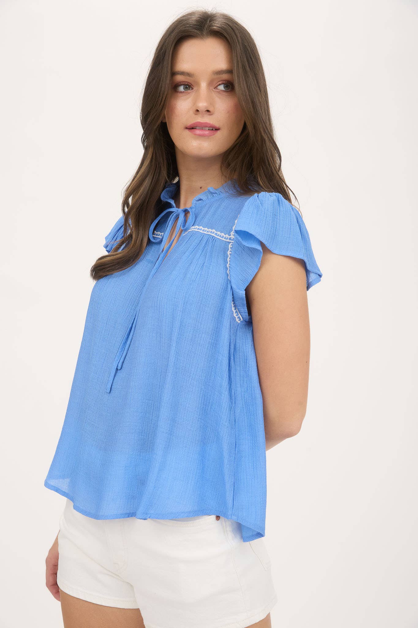 Embroidery Details Tie Front Blouse