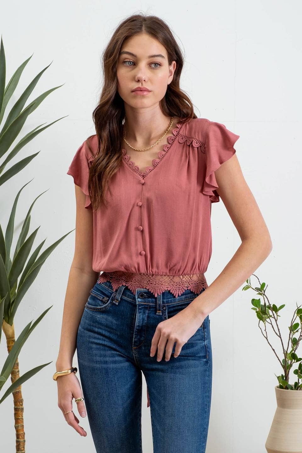 Mauve Scalloped Lace Trim Tie Back Crop Top