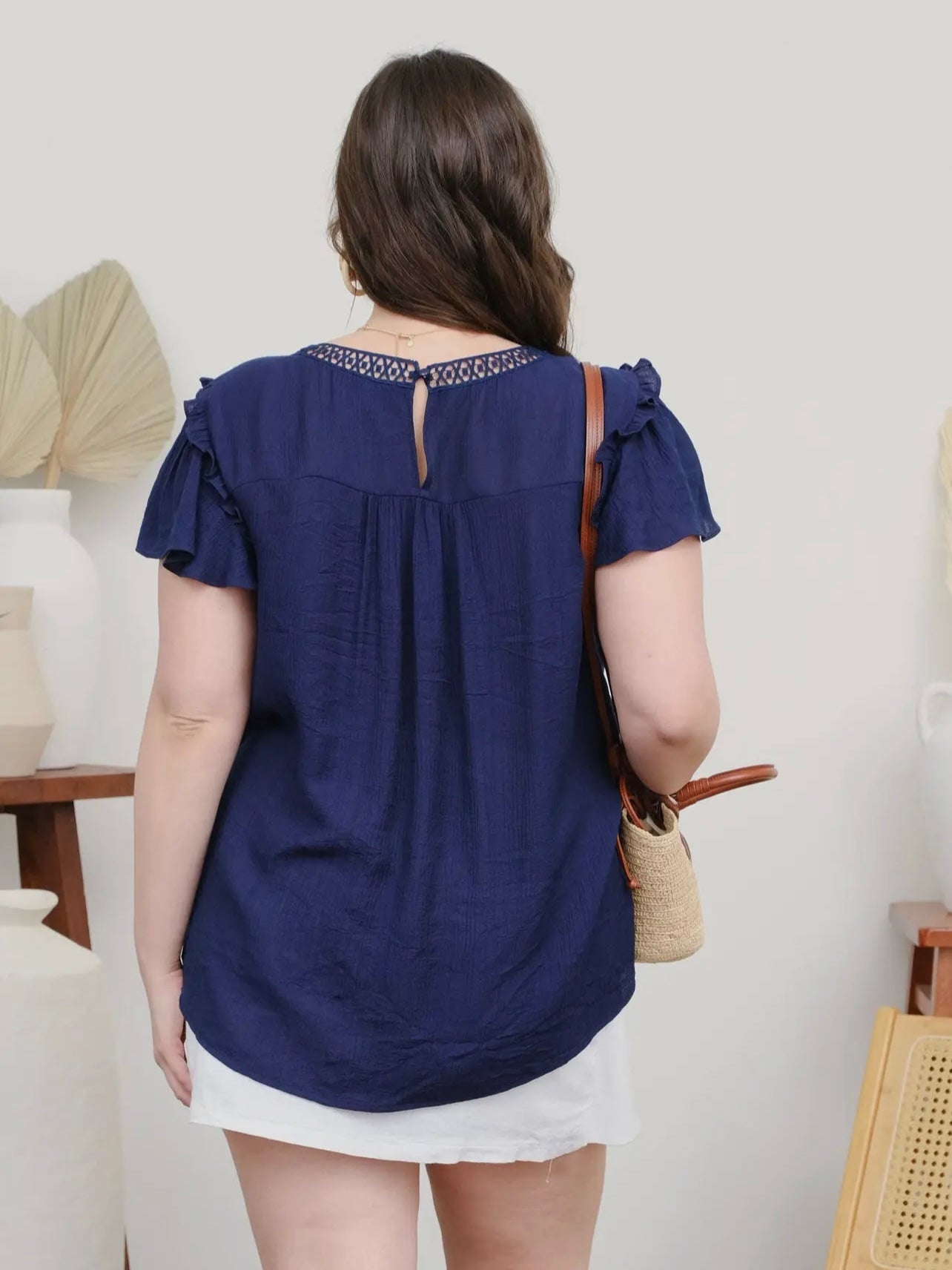 Navy Crochet Details Ruffled Sleeves Top