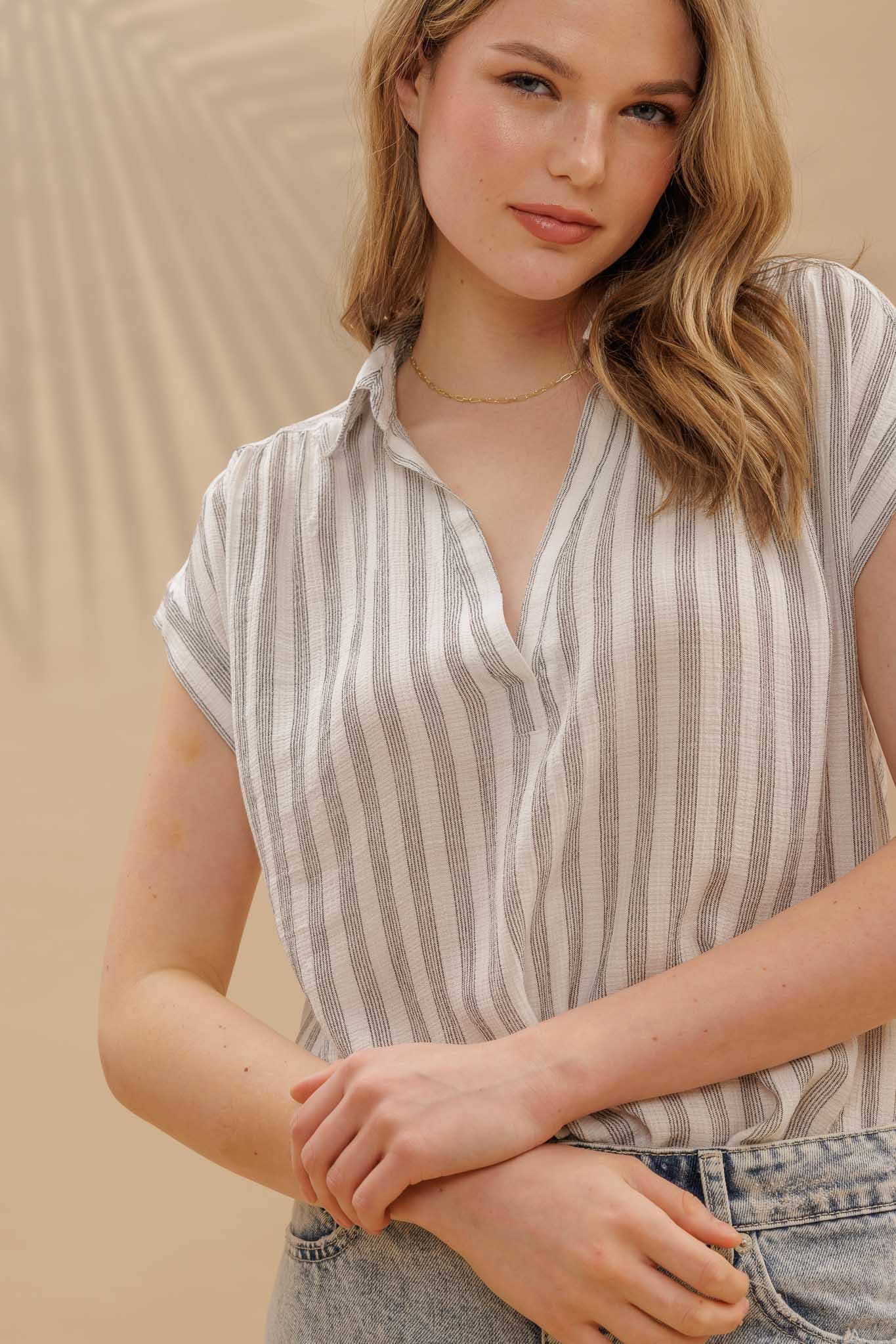 Black and White Striped Collared Front Top