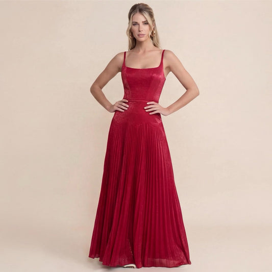 Shimmering Red Pleated Maxi Dress