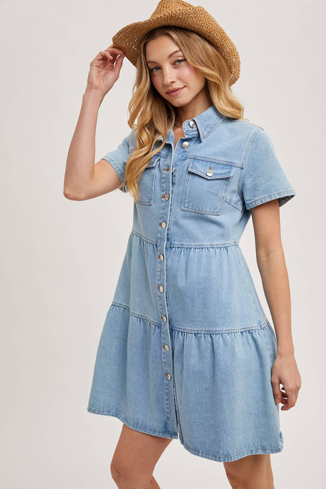 Denim Tiered Button Front Shirt Dress