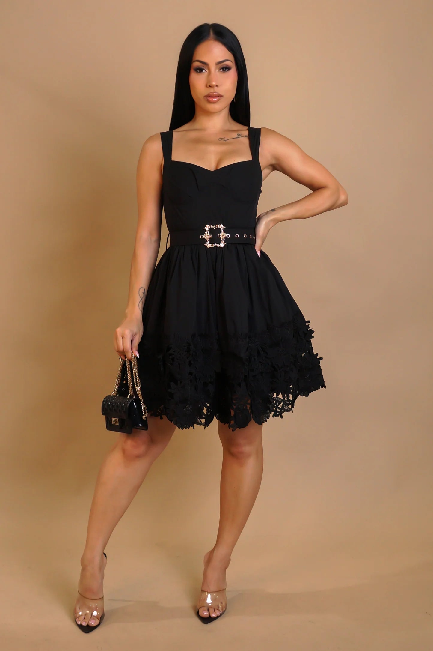 Lace Hem Little Black Dress With Belt