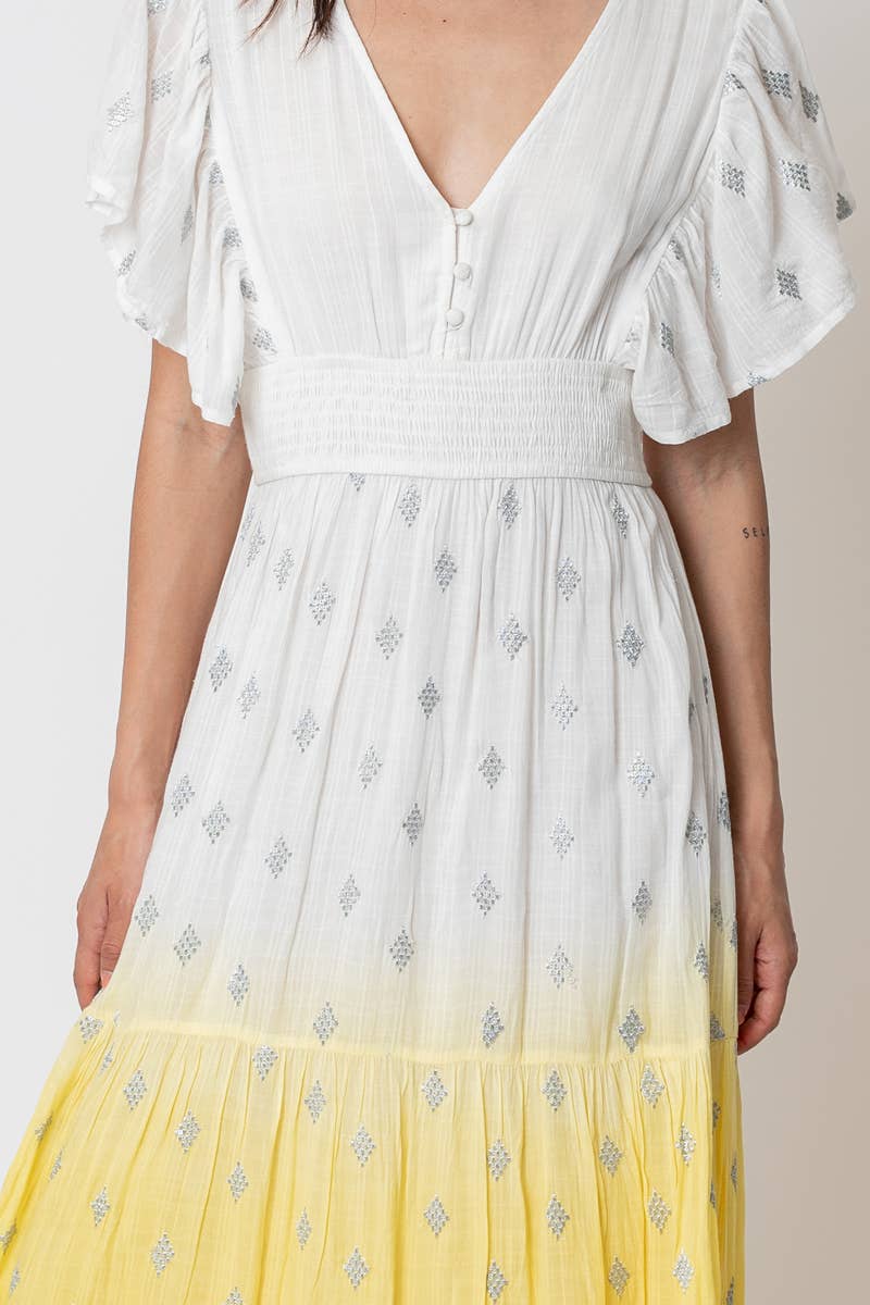 Flutter Sleeve White and Yellow Dip Dye Maxi Dress
