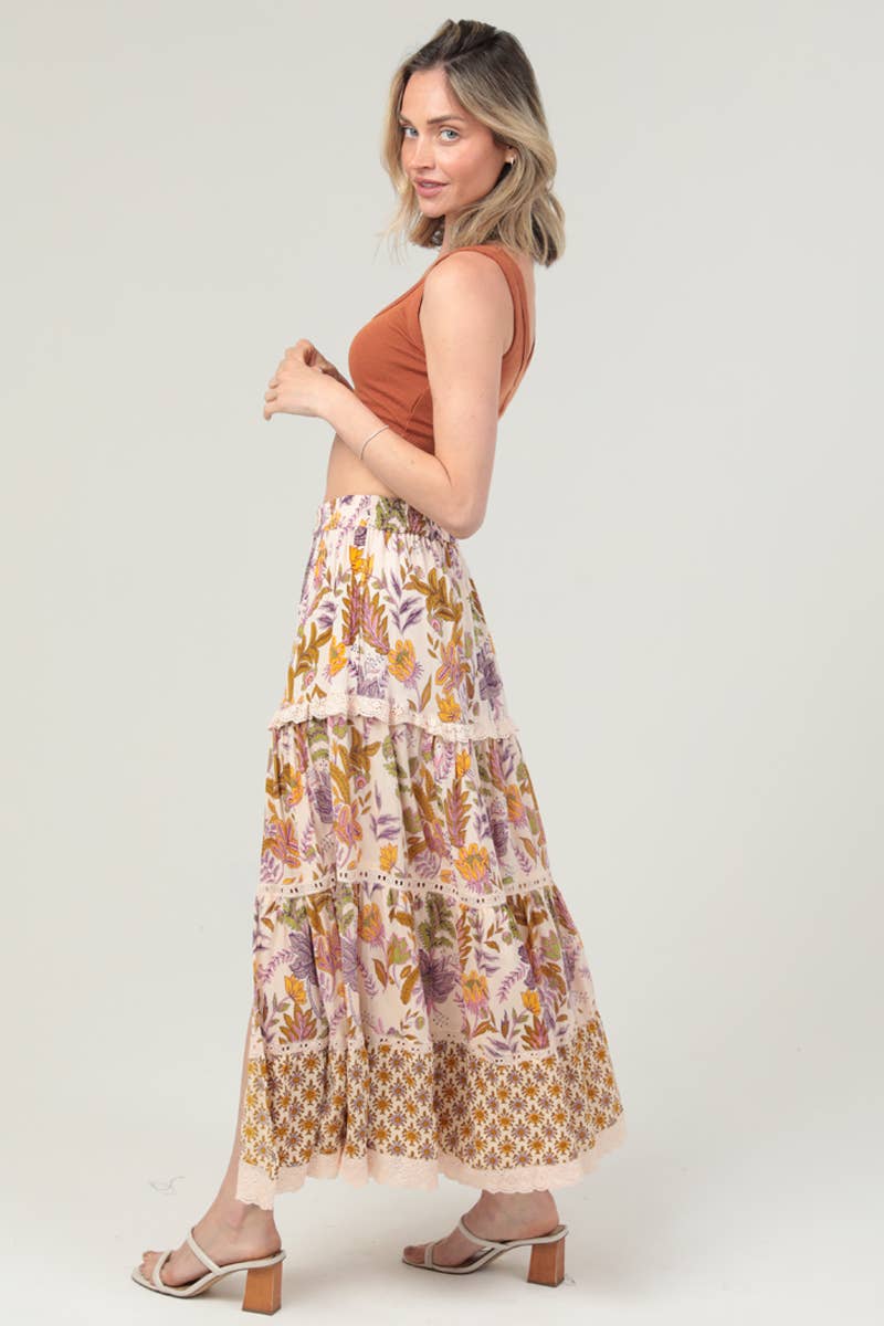 Tiered Side Slit Lace Trim Maxi Skirt
