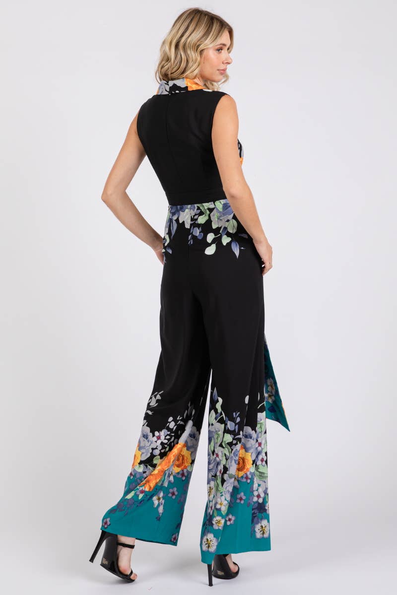 Black and Teal with Floral Print Tie Front Jumpsuit