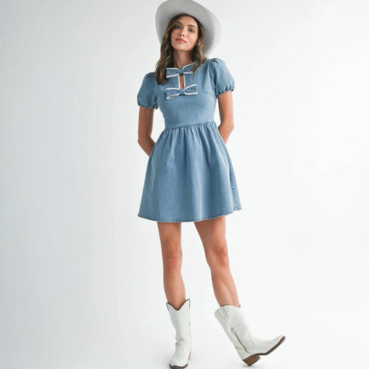 Denim Darling Bow Detail Mini Dress