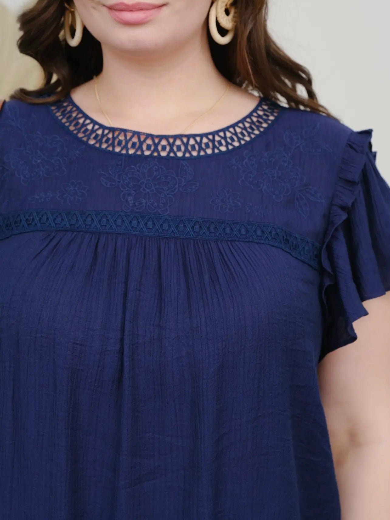 Navy Crochet Details Ruffled Sleeves Top