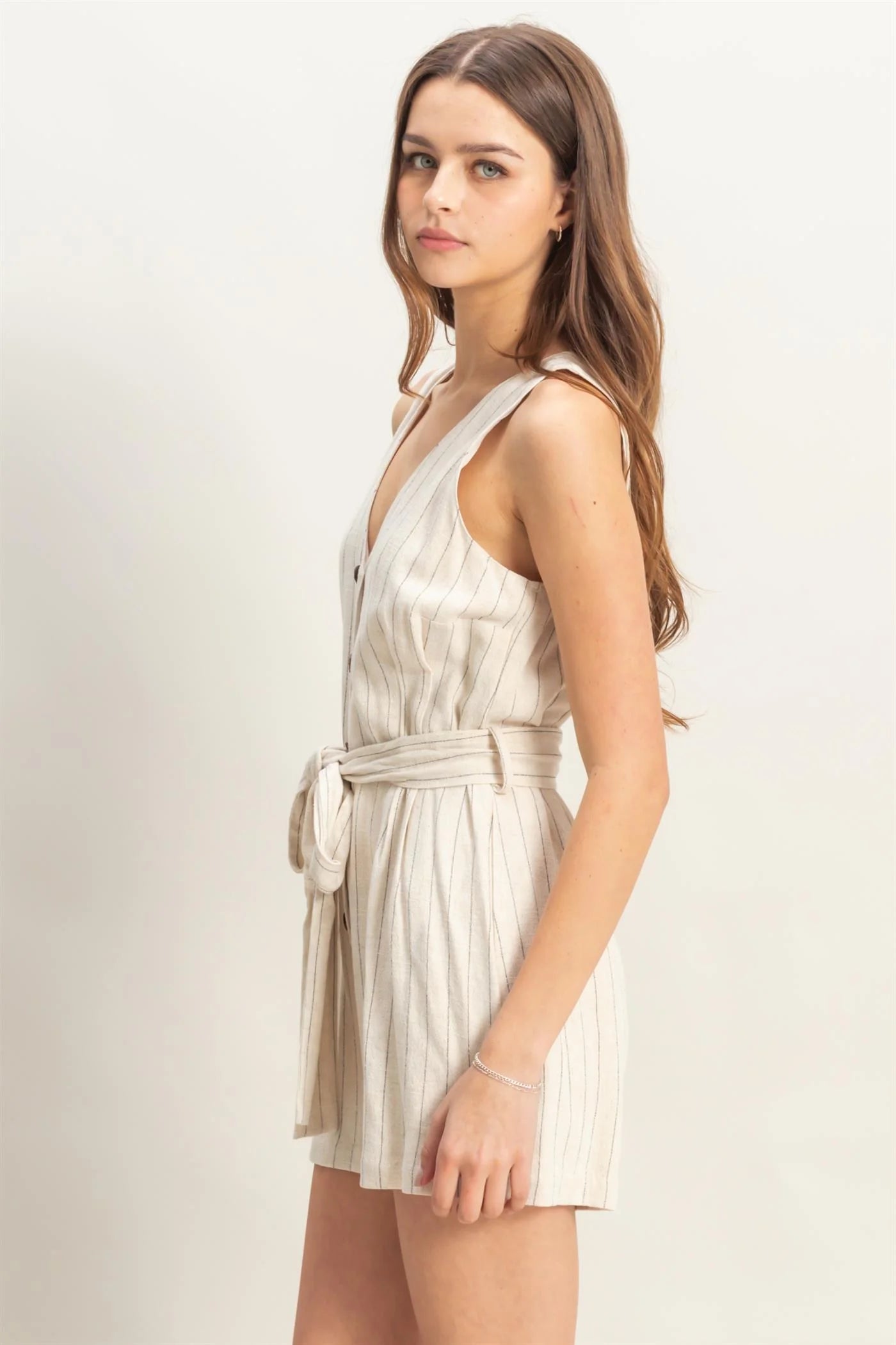 Cream Striped Belted Romper