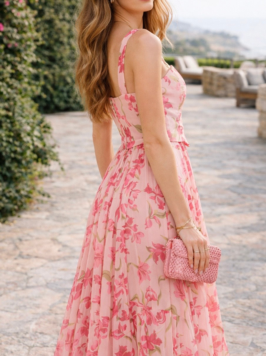 Romantic Floral Sheer Sleeveless Corset Maxi Dress