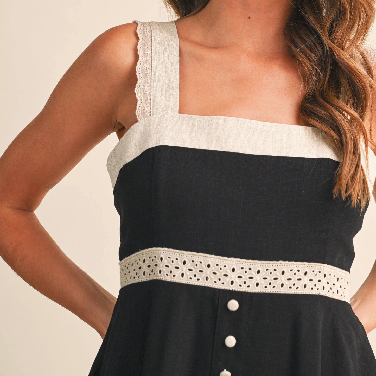 Contrast Lace Trim Babydoll Mini Dress