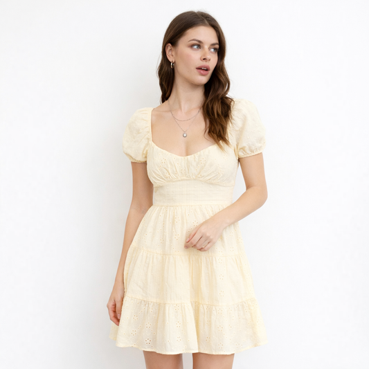 Soft Yellow Eyelet Puff Sleeve Mini Dress