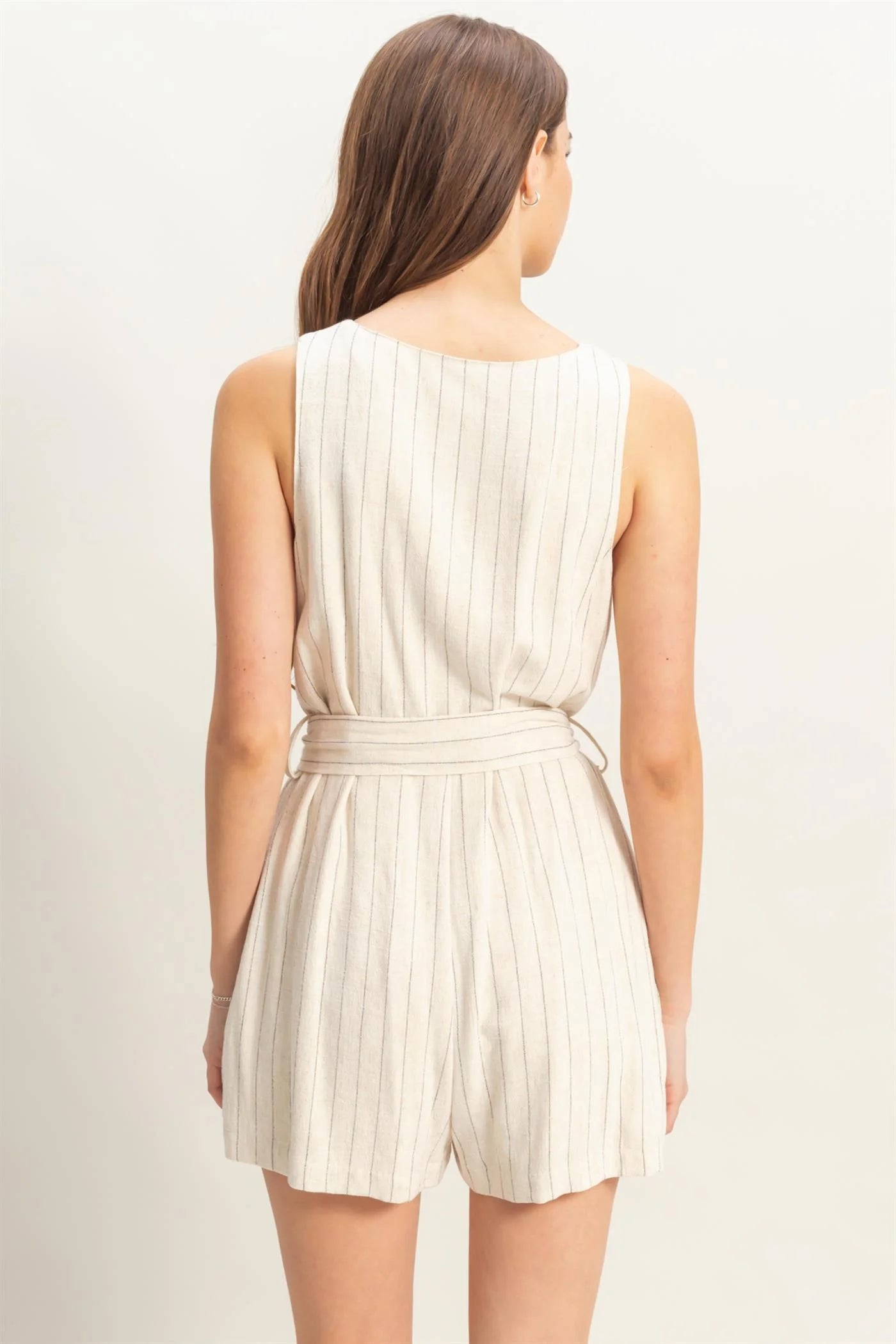 Cream Striped Belted Romper