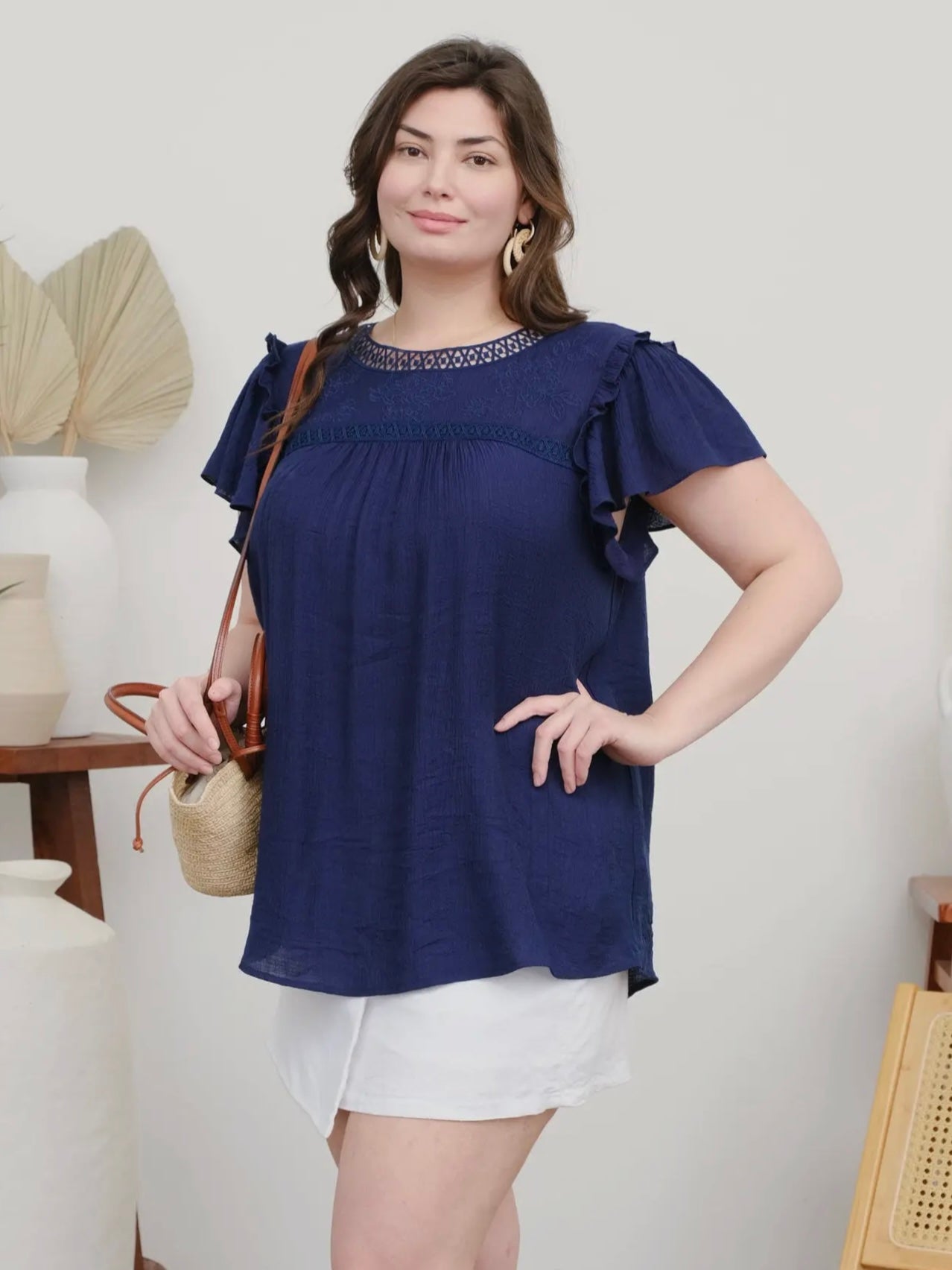 Navy Crochet Details Ruffled Sleeves Top