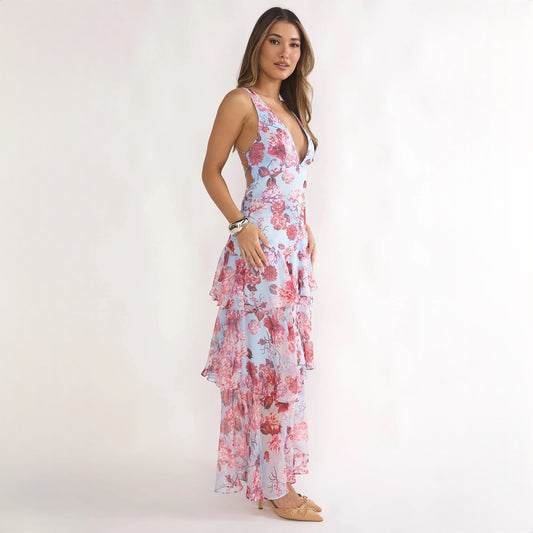 Vacation Backless Floral Maxi Dress