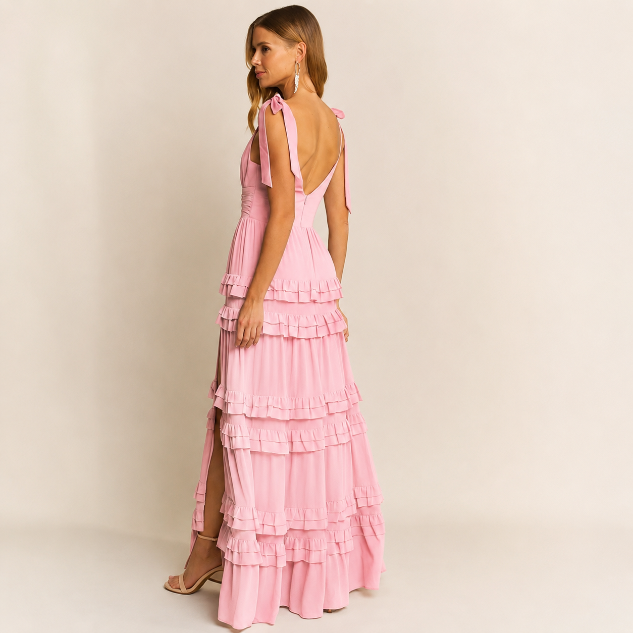 Pastel Pink Tie Shoulder Maxi Dress