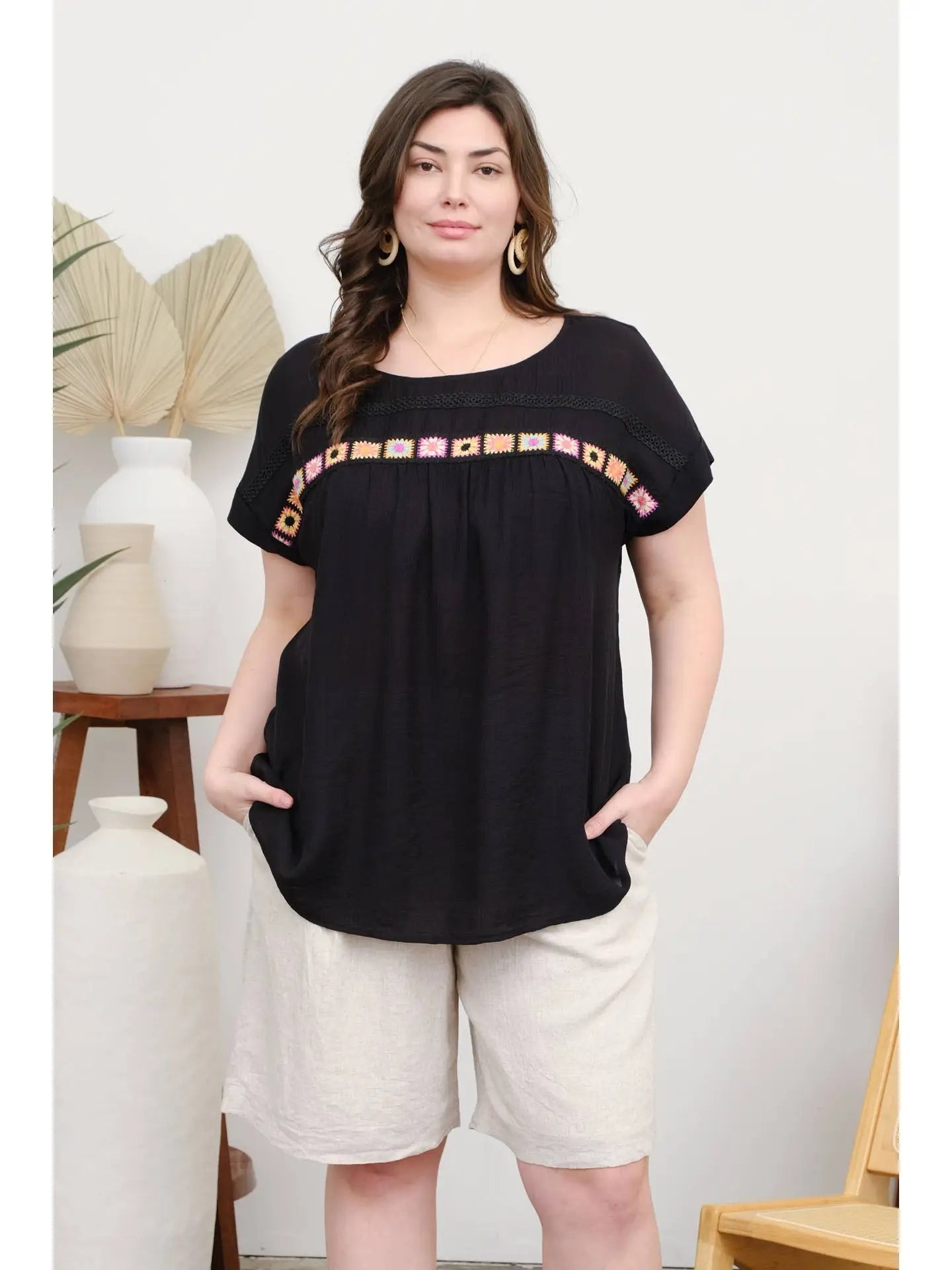 Black Crochet Details Short Sleeve Top