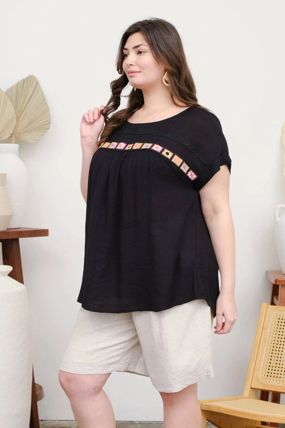 Black Crochet Details Short Sleeve Top
