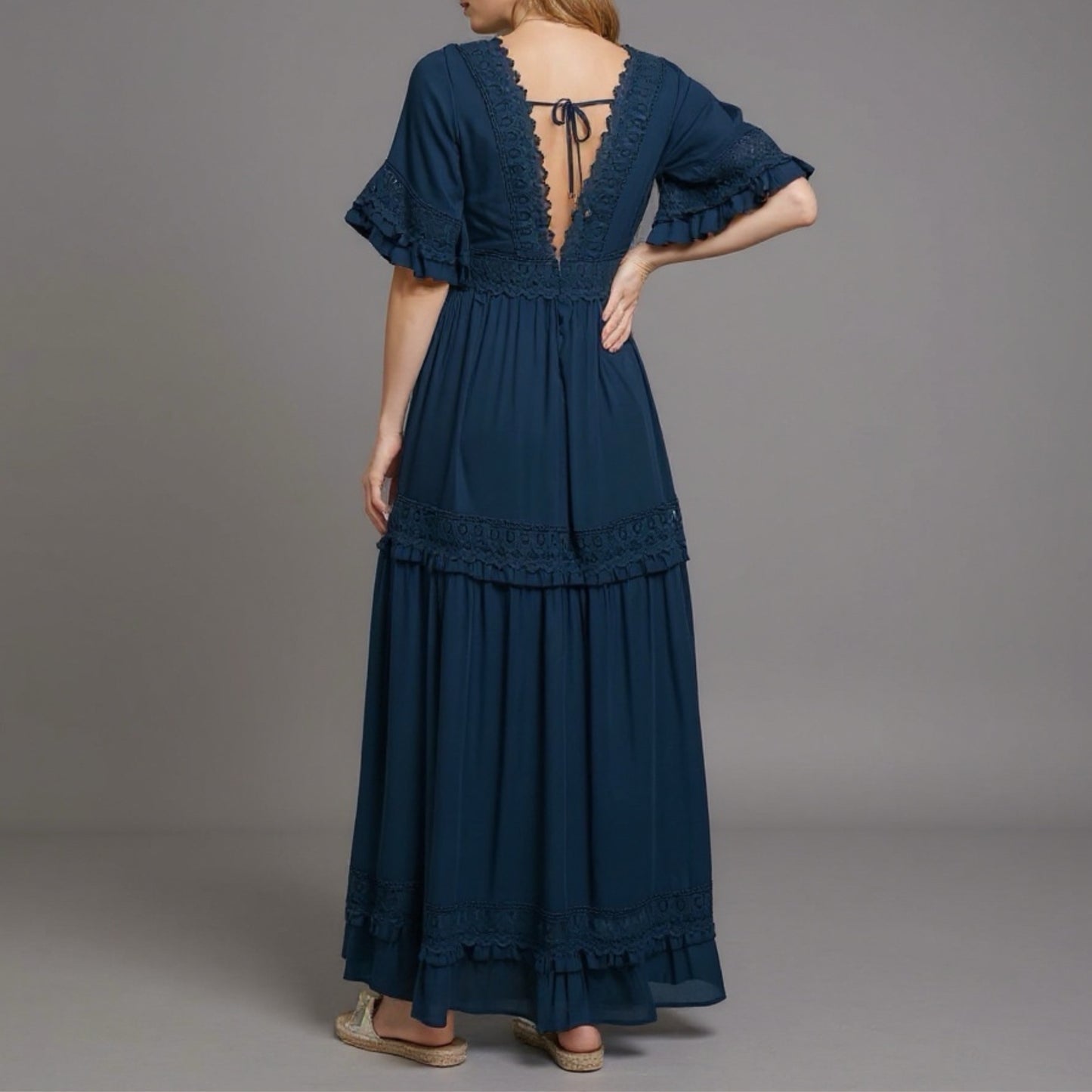 Navy V-Neck Lace Trim Maxi Dress