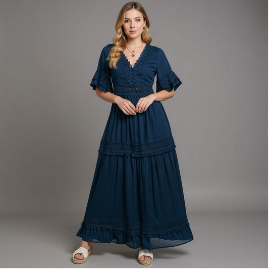 Navy V-Neck Lace Trim Maxi Dress