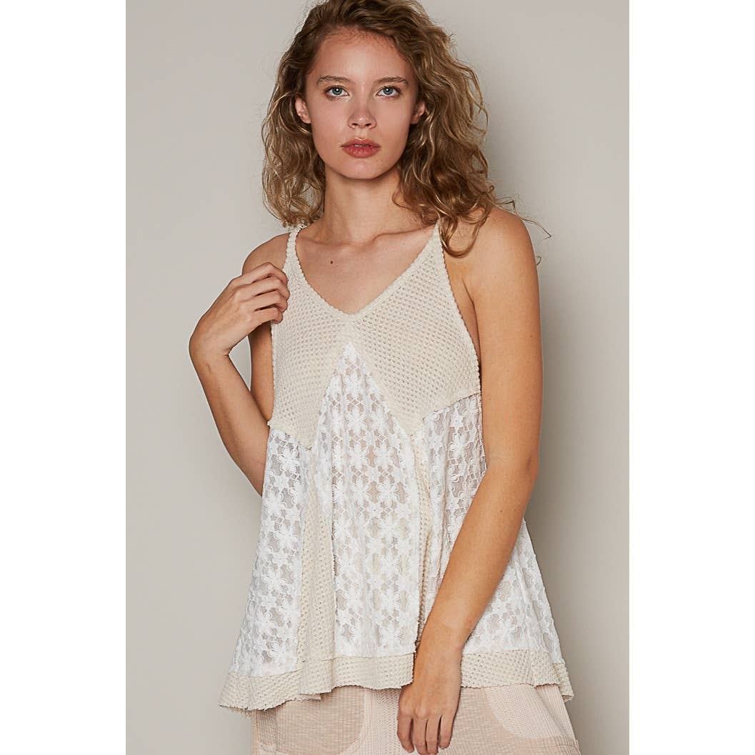 Ivory V-neck Sleeveless Lace Thermal Mixed Knit Top