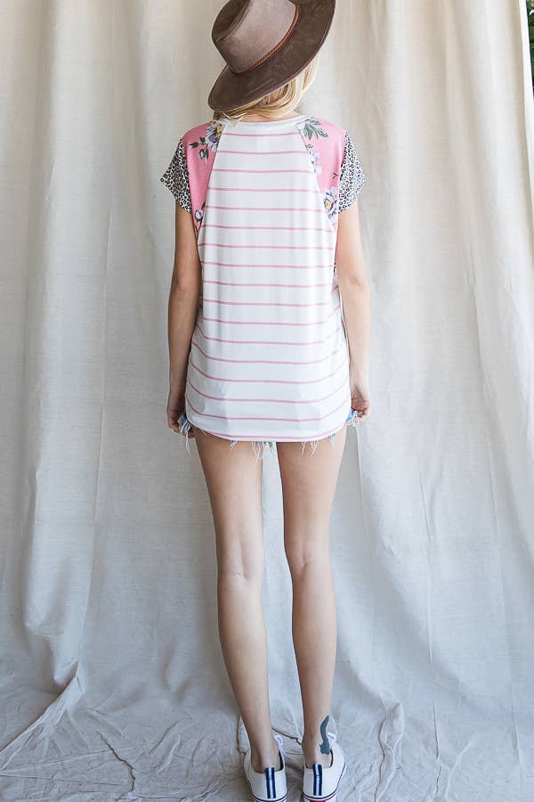 Color Block Animal Print Trim Detail Short Sleeve Top