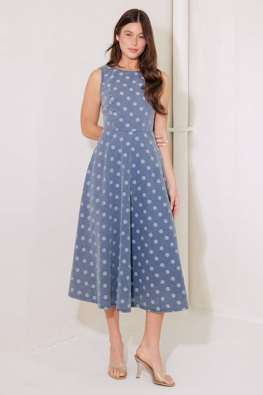 Blue and White Polka Dots Denim Midi Dress