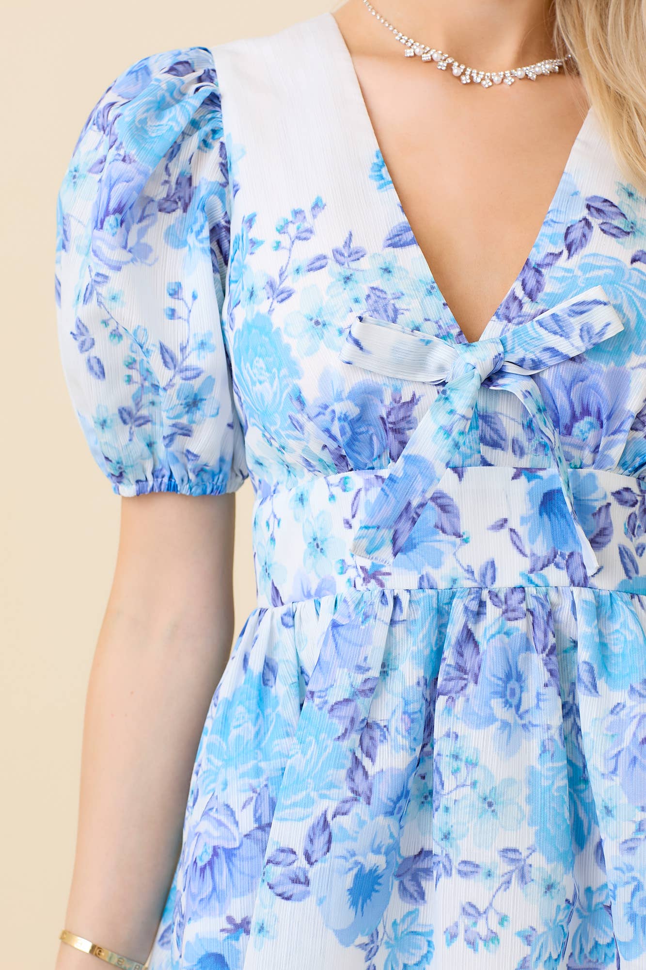 Blue and White Puff Sleeve Floral Print Mini Dress