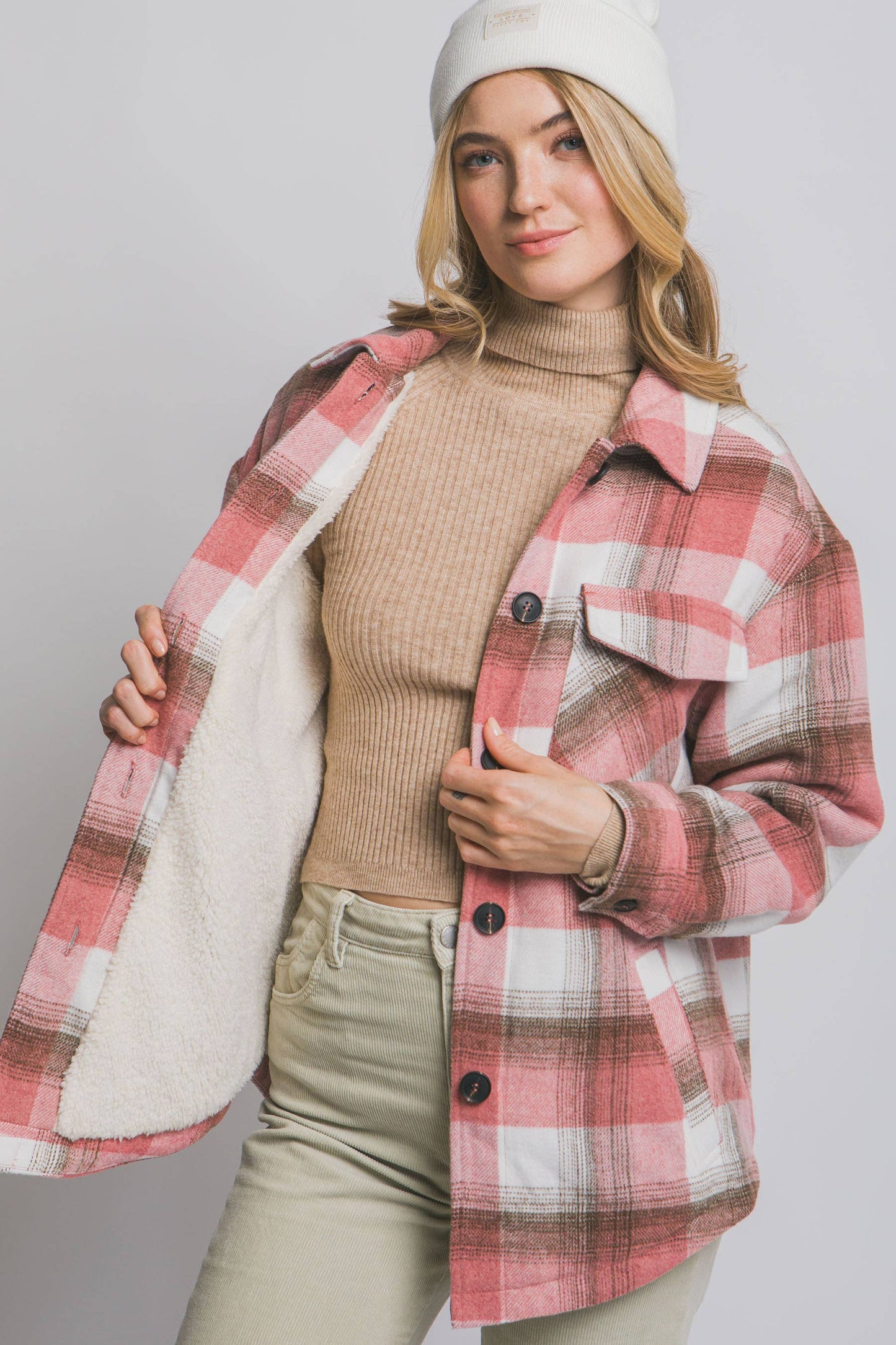 Plaid Button Up Jacket with Sherpa Lining