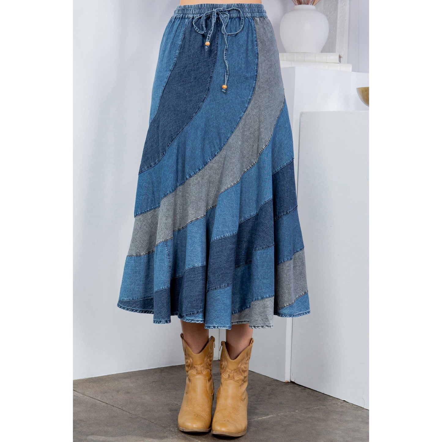 Mid-Length Denim Skirt With Asymmetrical Bias Panels