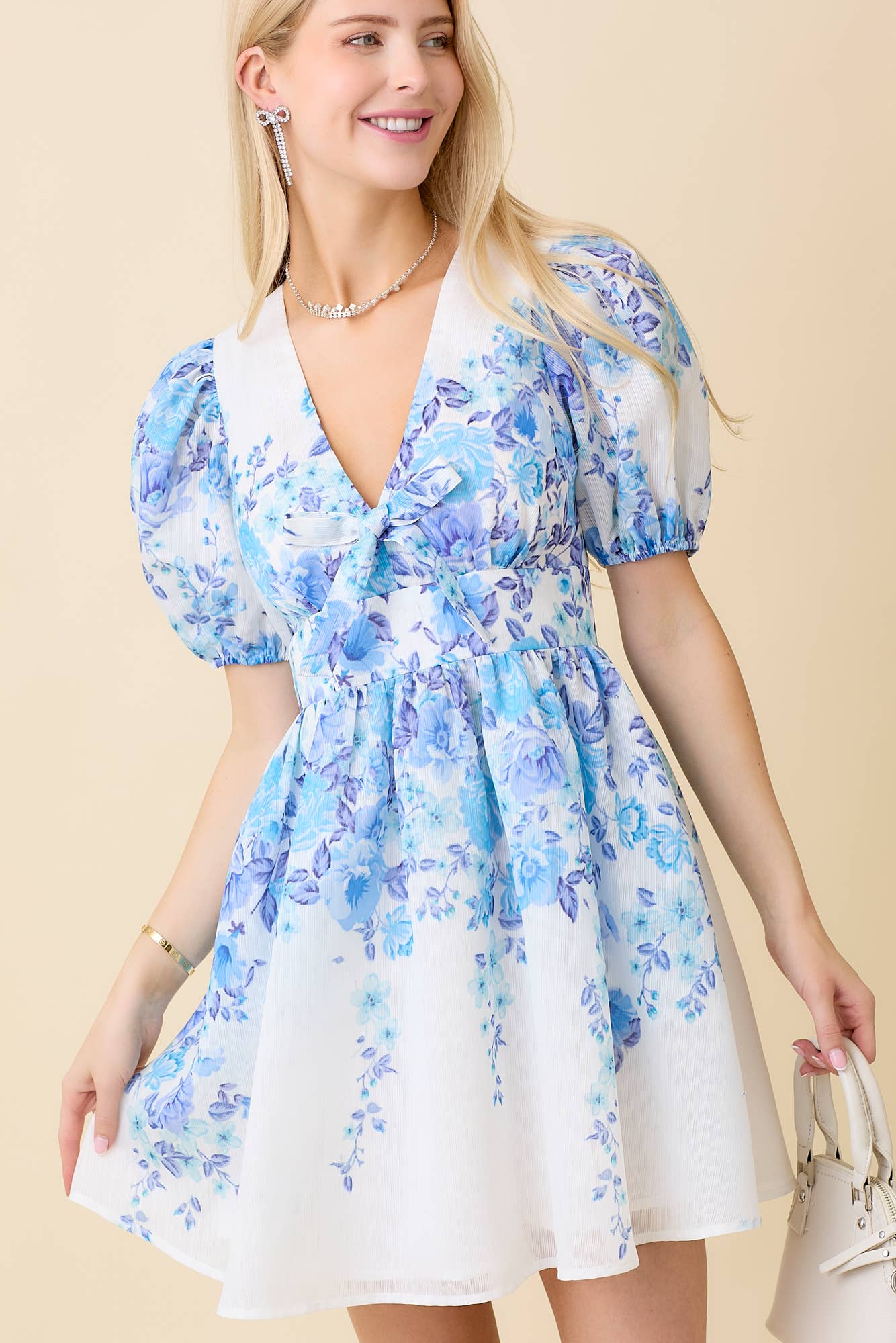 Blue and White Puff Sleeve Floral Print Mini Dress