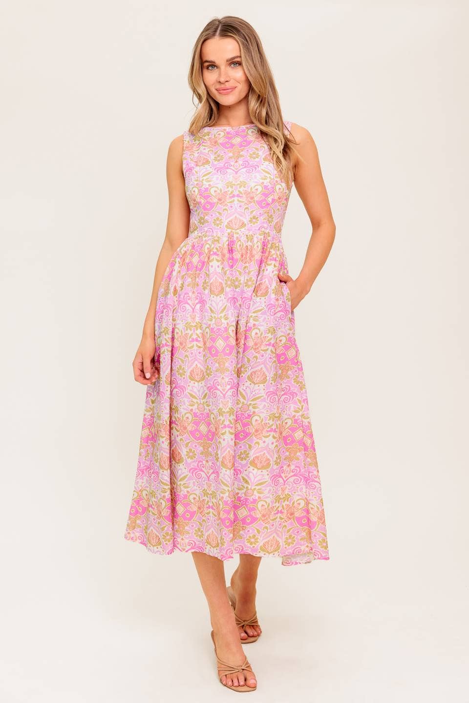 Pink Floral Print Midi Dress