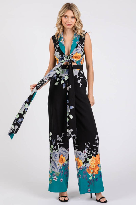 Black and Teal with Floral Print Tie Front Jumpsuit
