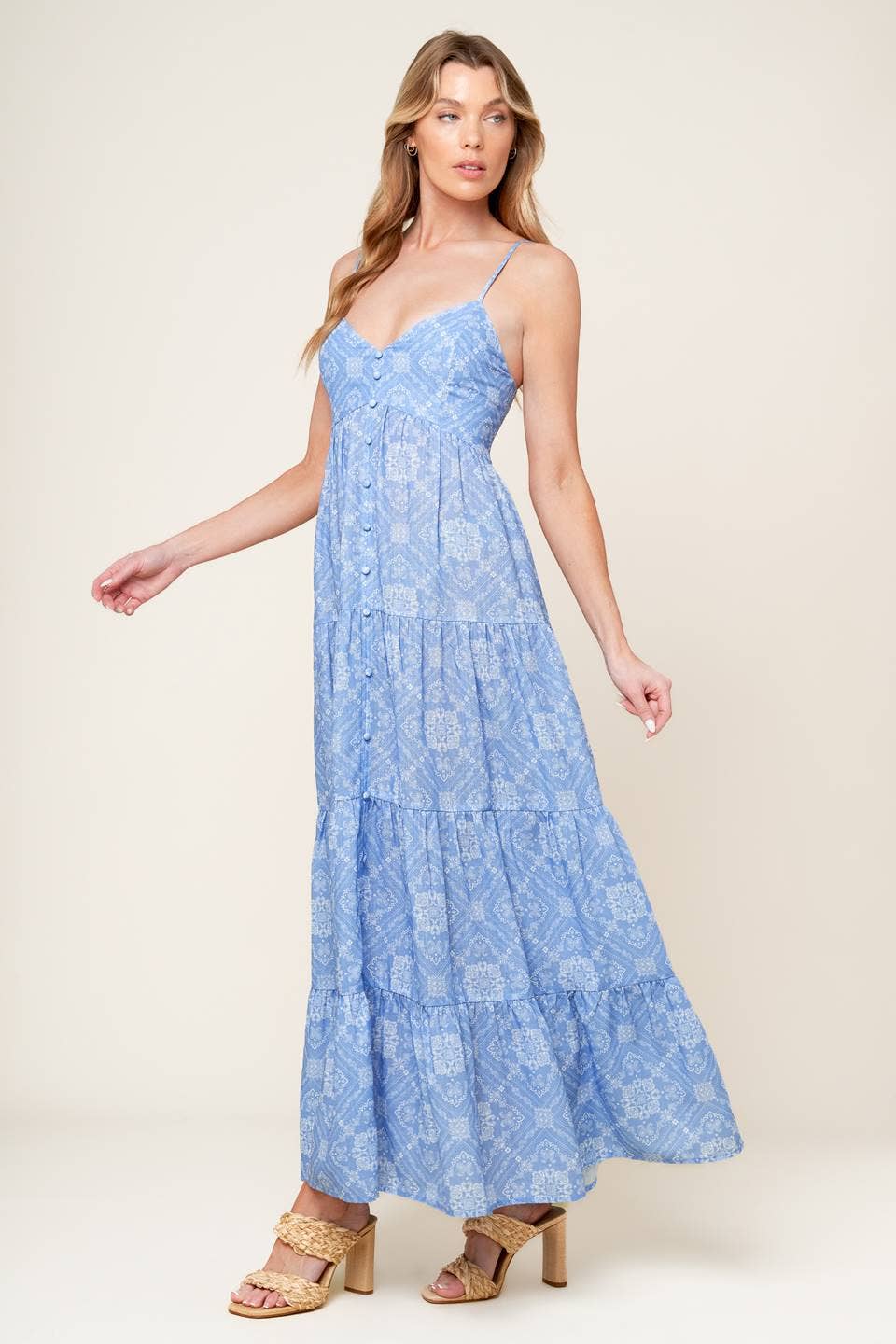 Blue Printed Sleeveless Maxi Dress