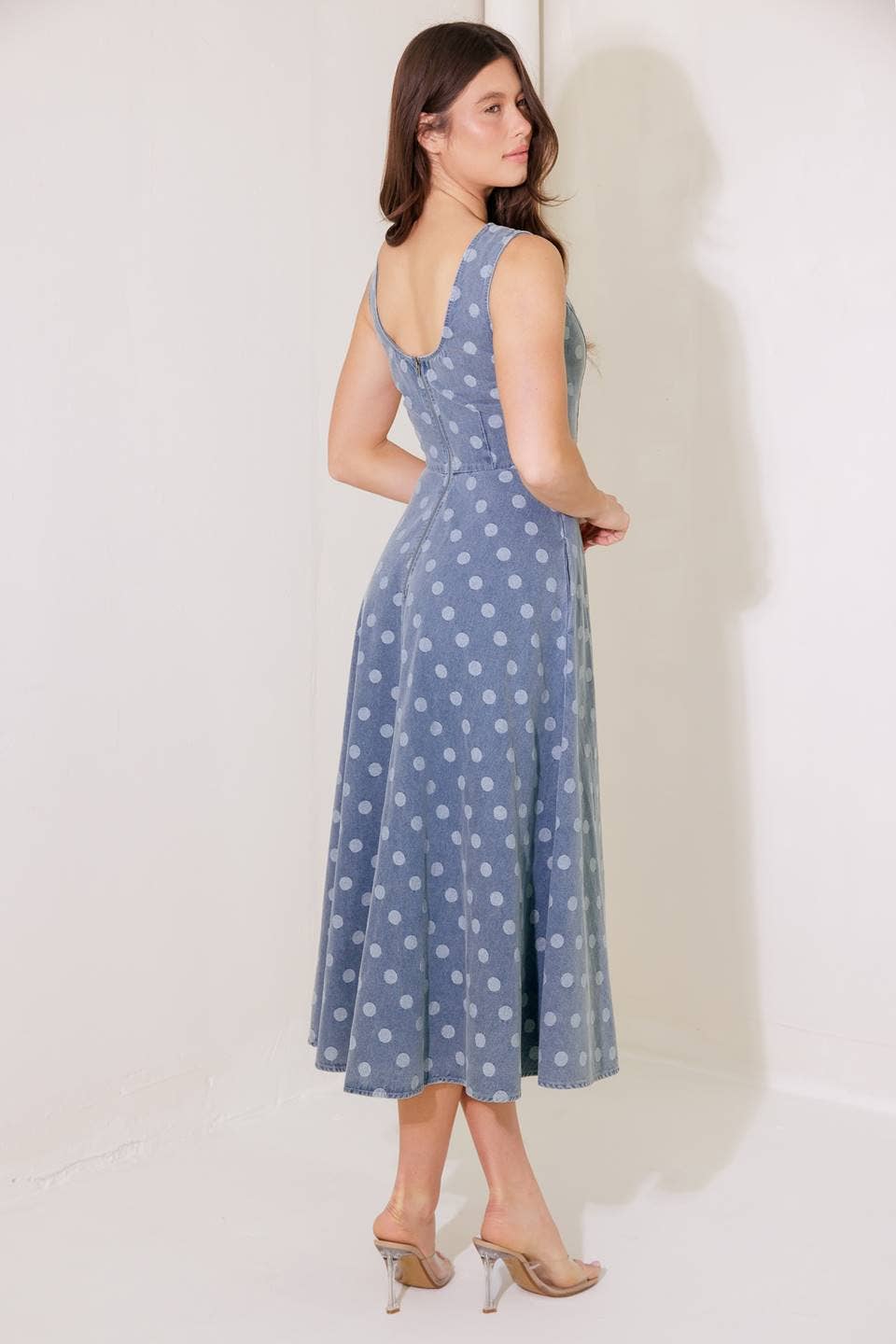 Blue and White Polka Dots Denim Midi Dress