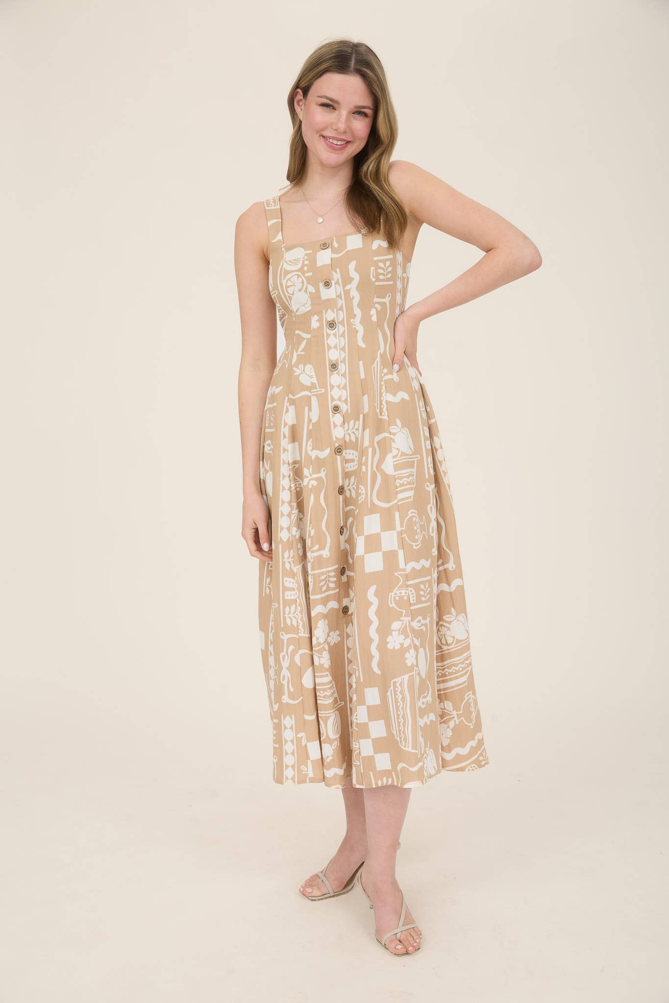 Button Down Printed Sleeveless Midi Dress