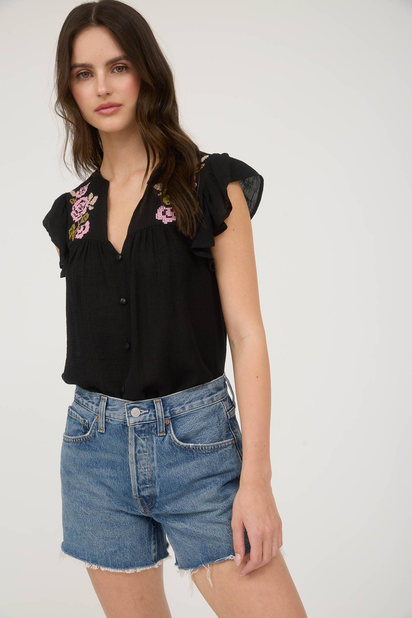 Floral Embroidery Button Down Top