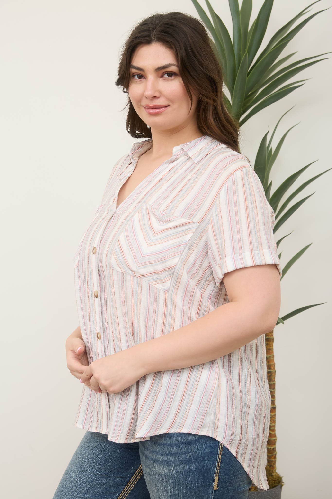 Comfy Stripe Button Down Collared Top