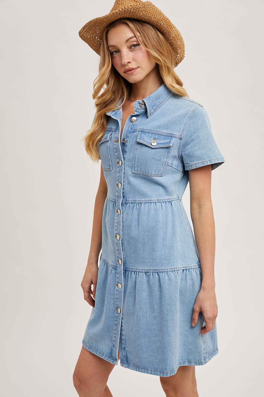 Denim Tiered Button Front Shirt Dress