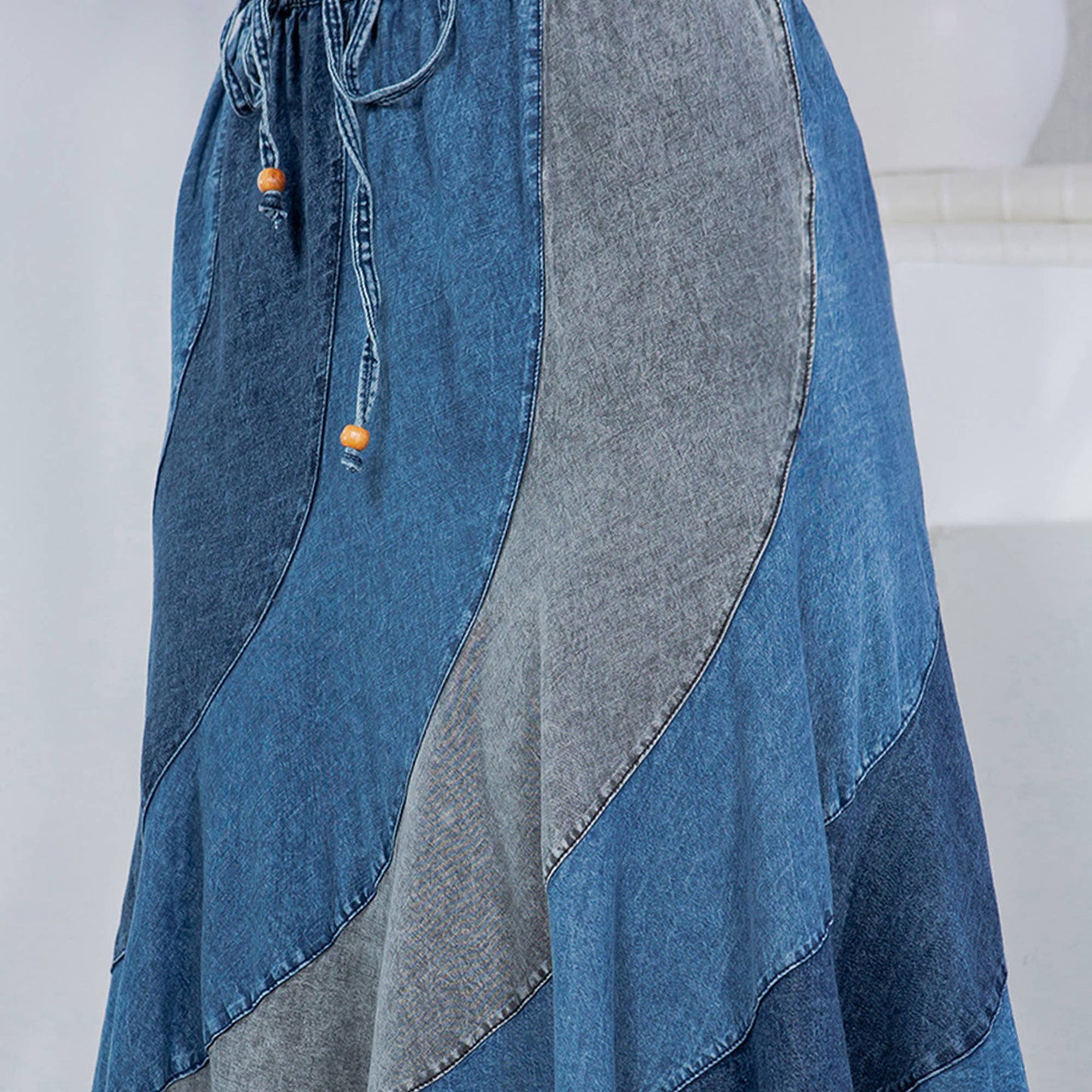 Mid-Length Denim Skirt With Asymmetrical Bias Panels