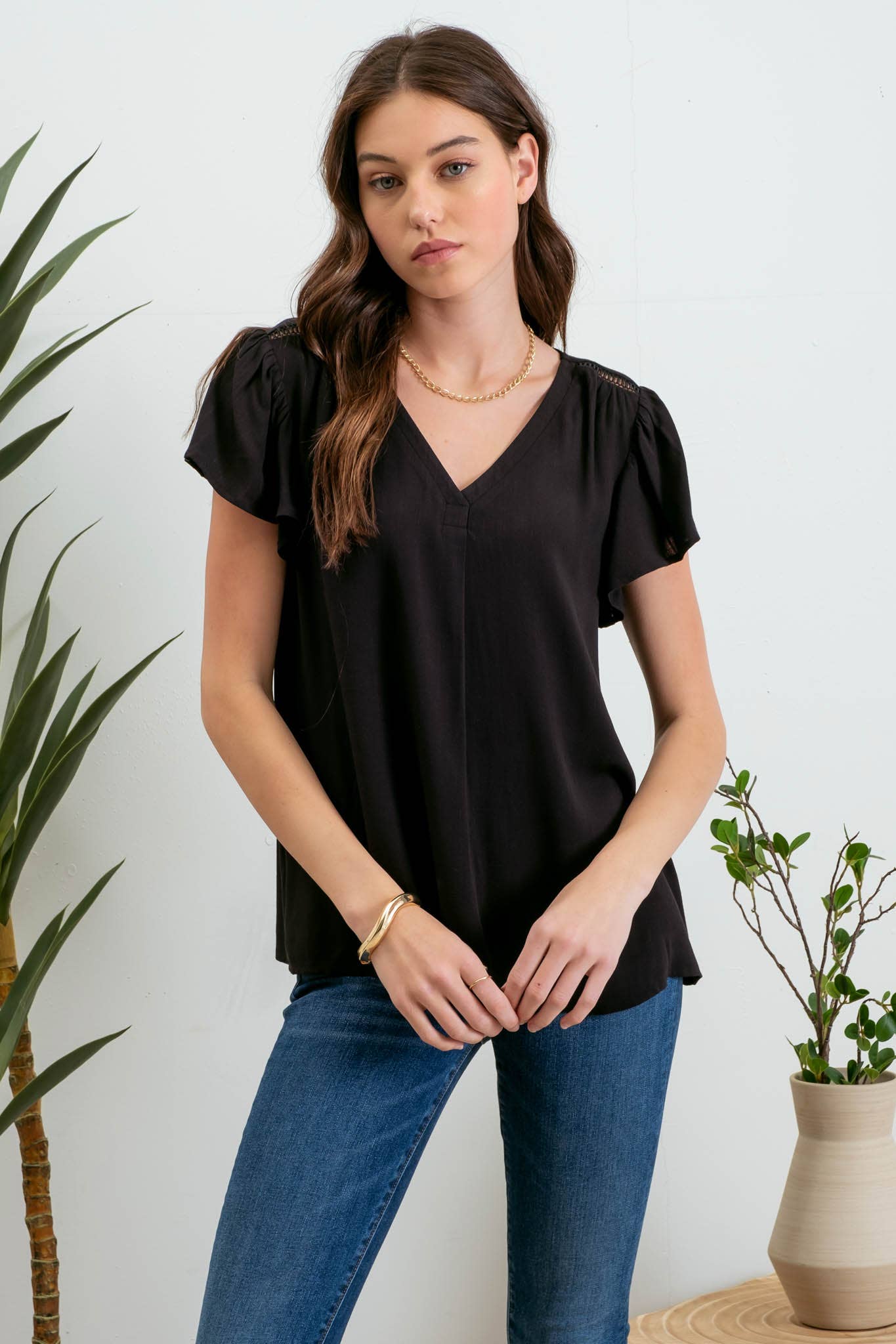 Black V- Neck Ruffled Sleeves Top