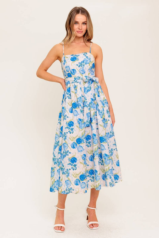 Blue and Ivory Floral Midi Dress