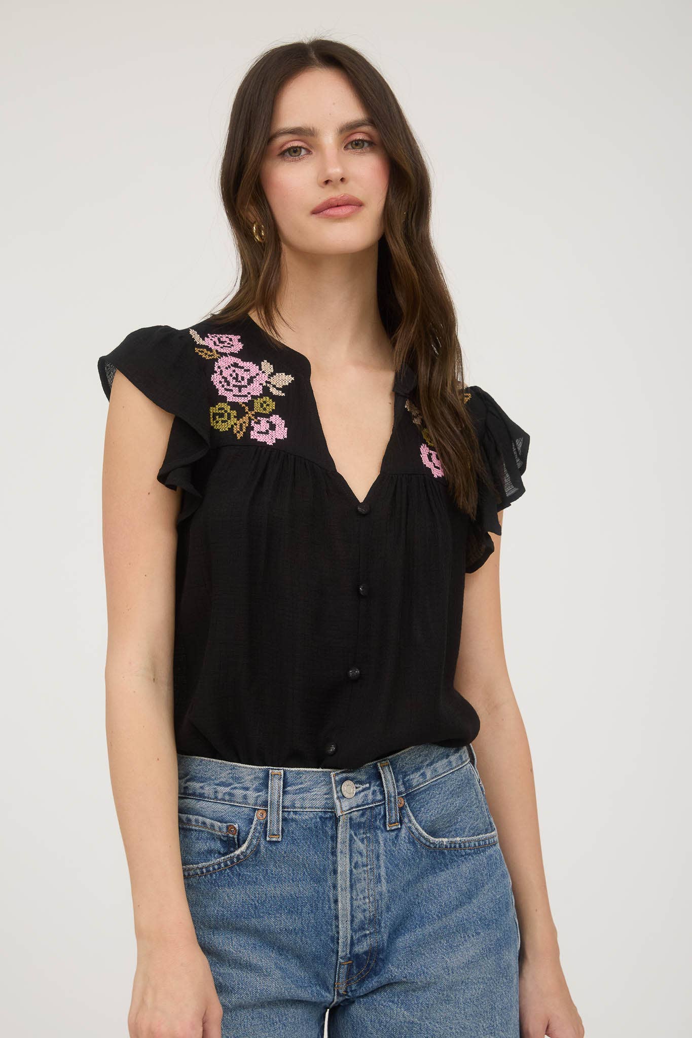 Floral Embroidery Button Down Top