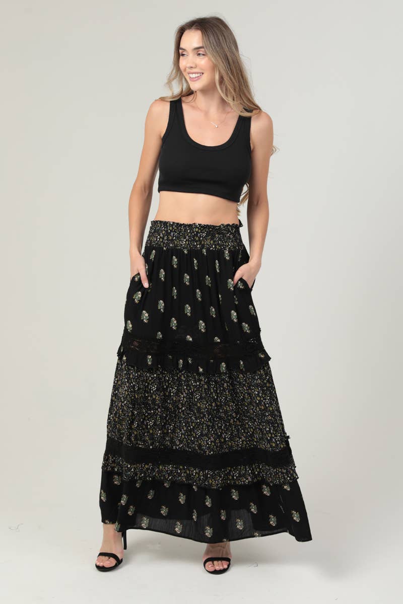 Lace Trim Maxi Skirt with Pockets