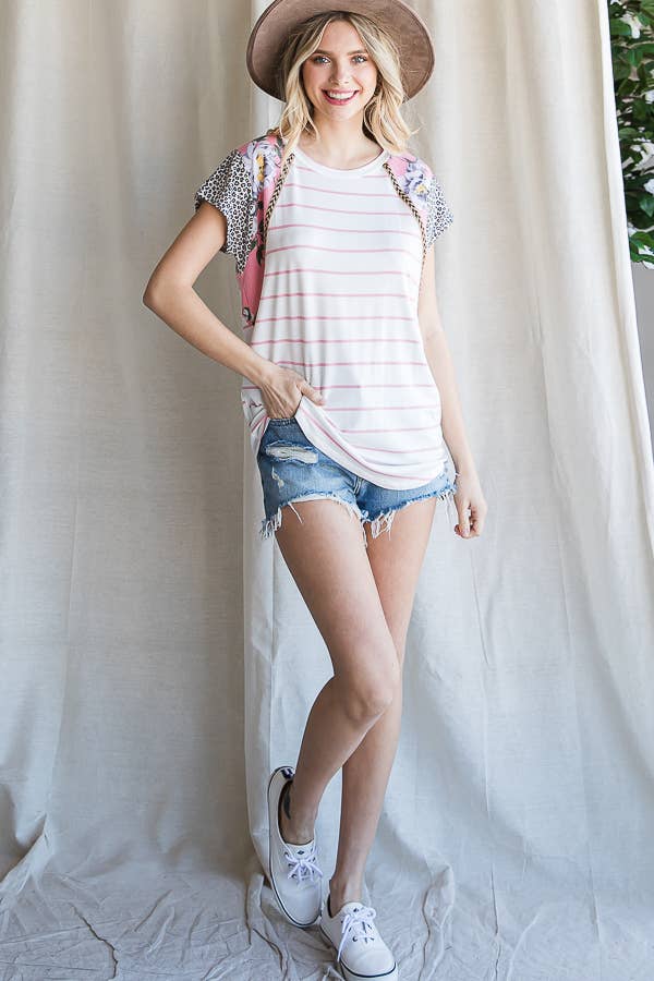 Color Block Animal Print Trim Detail Short Sleeve Top