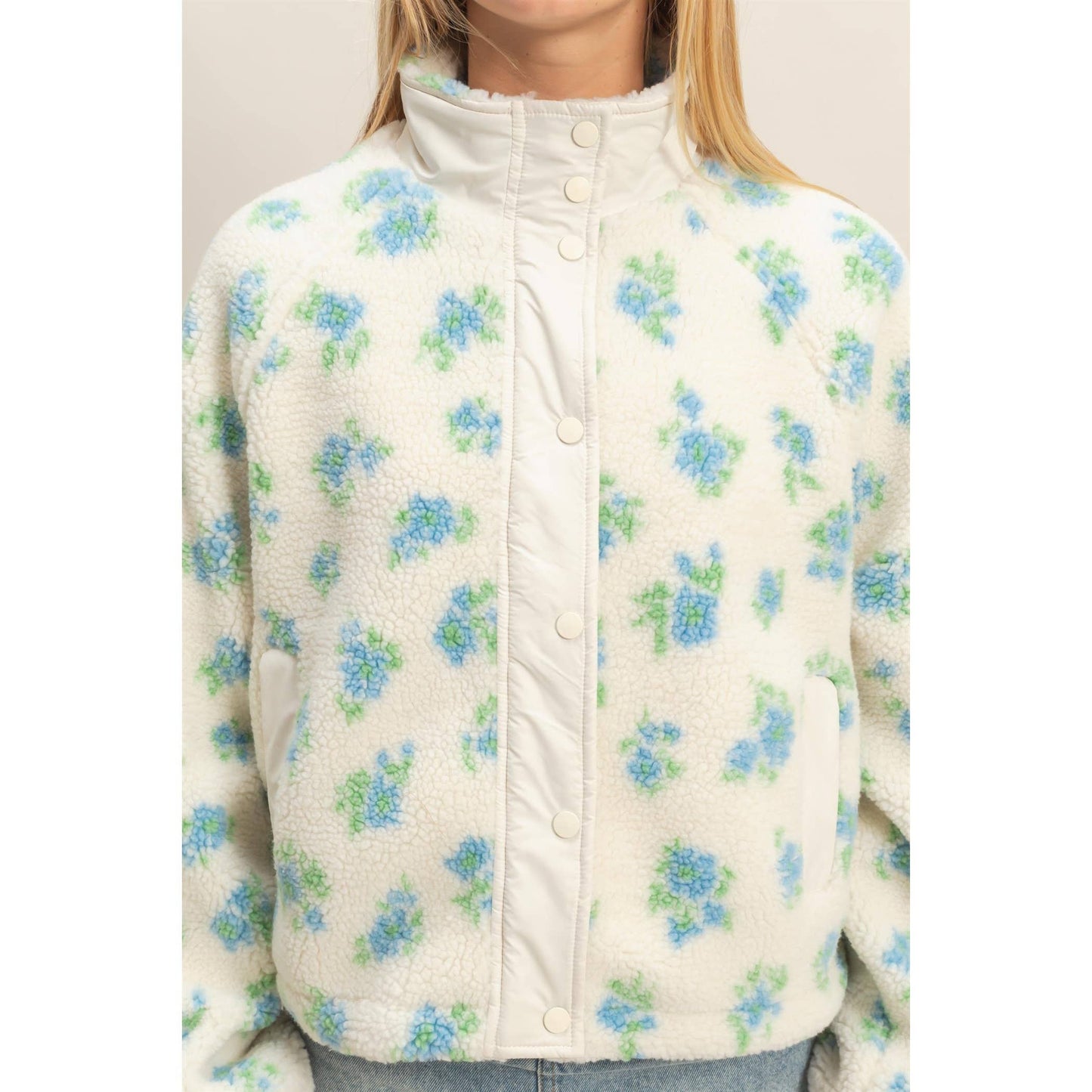 Floral Print Sherpa Zip Up Jacket
