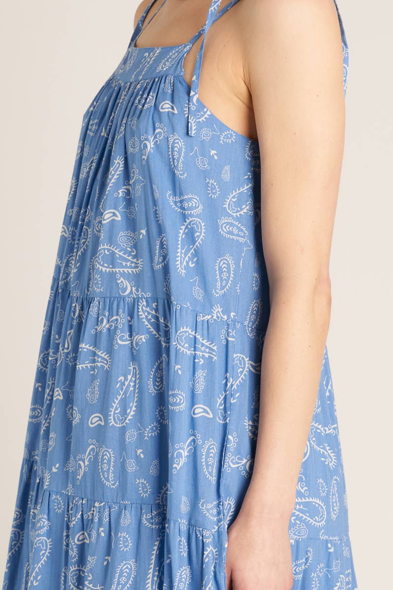 Paisley Print Shoulder Tie Tiered Maxi Dress