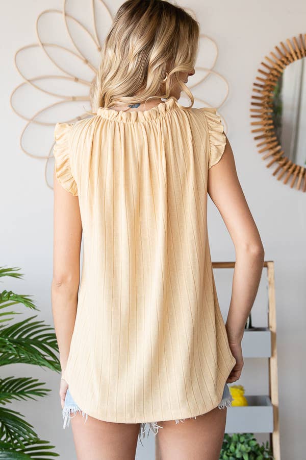 Solid Rib Shirred Neck Ruffle Cap Sleeve Top
