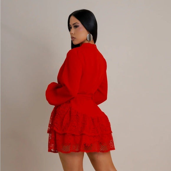 Elegant Red Lace Hem Dress