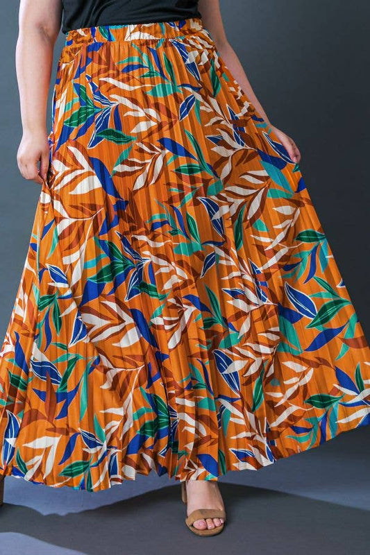 Leaf print Pleated Maxi Skirt
